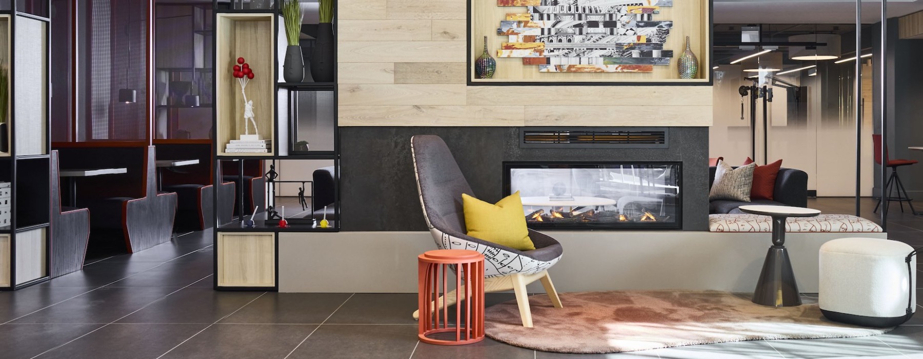 Fireplace with colorful seating area